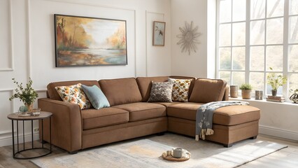 Real photo of a cozy, brown corner sofa with decorative cushions standing in a bright living room interior with an abstract painting