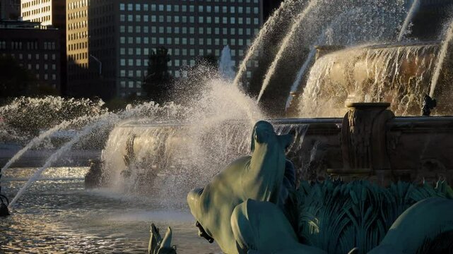 Element of Buckingham Fountain in downtown Chicago, Illinois, with a stunning water display.