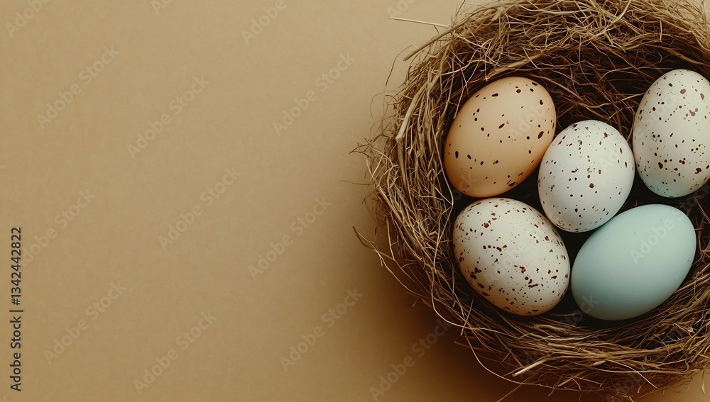 Poster colorful speckled eggs nestled in a natural straw nest on a beige background for easter : generative