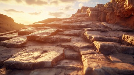 Sunlit Rocky Terrain with Textured Stones and Dramatic Sky