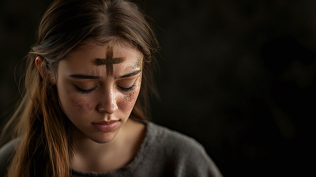 Caucasian woman with ash cross on forehead for Ash Wednesday, eyes closed in solemn reflection, black background with copy space, symbolizing religious observance and spiritual practice during Lent