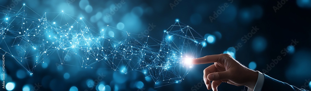 Leinwandbilder Hand Reaching Out Towards a Futuristic Network of Illuminated Connections in Digital Space : Generative AI