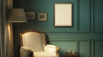 A tranquil evening in a classic teal-walled room, a soft lamplight illuminating a pristine armchair, creating a serene and inviting atmosphere.