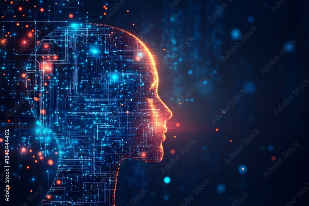 Poster Vivid representation of a human-like head with illuminated circuits and flowing technology : Generative AI