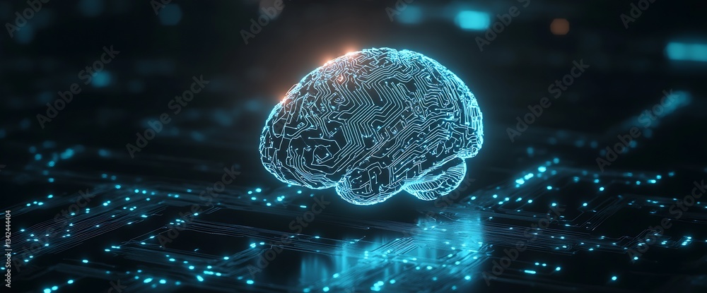 Leinwandbilder close-up view of an intricate glowing brain with digital patterns in luminous blue shades on a dark 