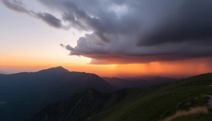 Obraz premium Dramatic Sunset Storm Clouds Over Majestic Mountain Range Breathtaking Nature Photography Landscape