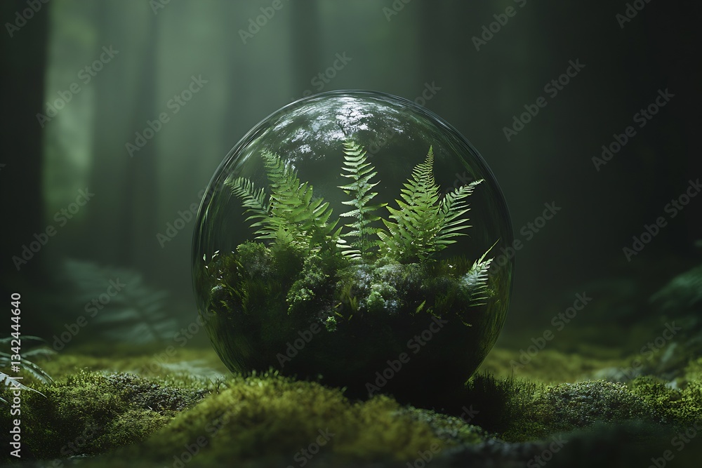 Poster a serene glass globe featuring lush ferns and vibrant green moss in a tranquil setting : generative 