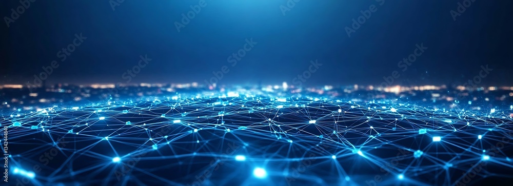 Poster Impressive digital landscape created with glowing networks of blue signals depicting urban connectivity and data exchange : Generative AI