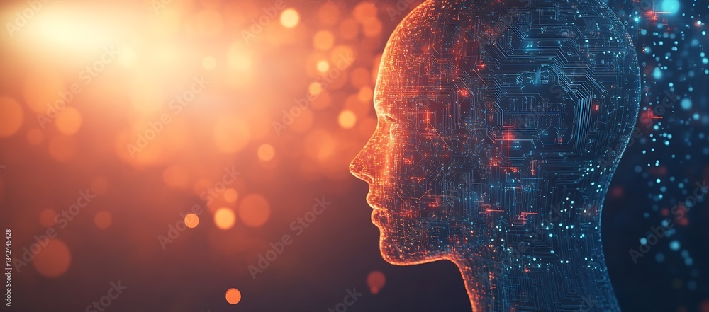 Aufkleber captivating artistic portrait of a human-like head with glowing circuits amid warm luminous elements