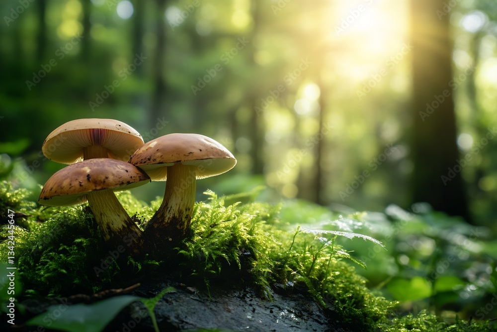 Aufkleber group of vibrant mushrooms thriving on a mossy log in a peaceful forest illuminated by gentle sunlig