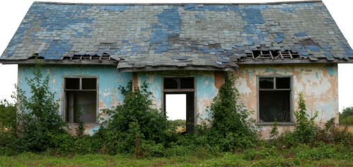 Derelict House Overgrown with Vegetation Damaged Roof Abandoned Building Exterior