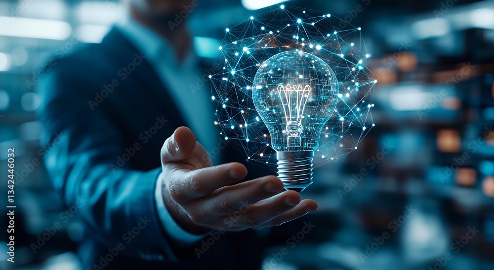 Poster creative business person presenting a glowing light bulb surrounded by digital connections in a blur
