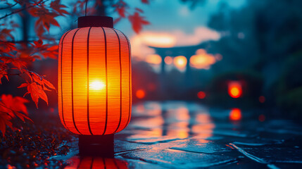 Close-up of traditional Japanese paper lantern lit at dusk in a serene garden setting with autumn foliage
