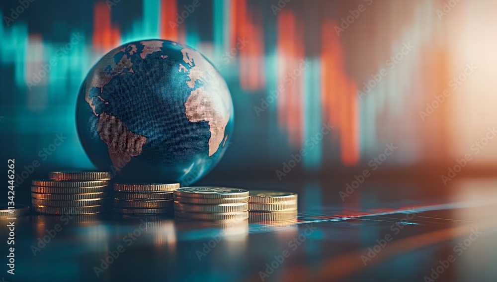 Poster visual representation of global finance trends with globe and coins amid vibrant financial data metr