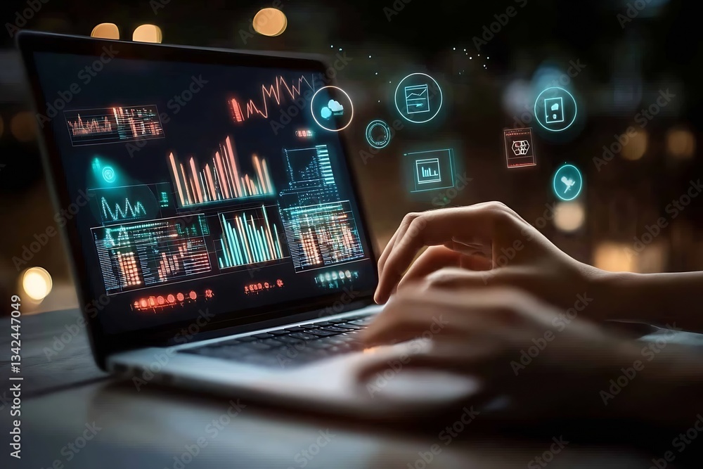 Poster Professional analyzing digital data on laptop with glowing graphics and charts at night : Generative AI