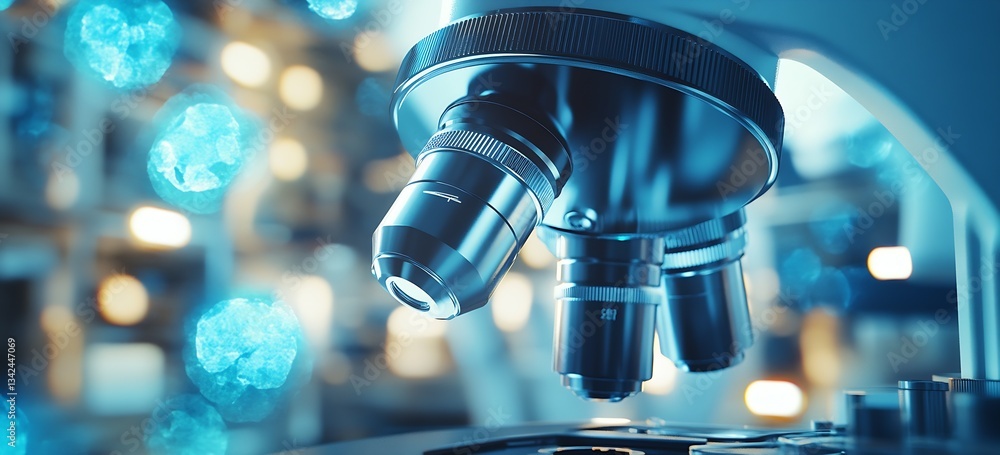 Poster detailed close up of microscope lenses in a lab environment highlighting blue lighting for scientifi