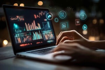 Professional analyzing digital data on laptop with glowing graphics and charts at night : Generative AI