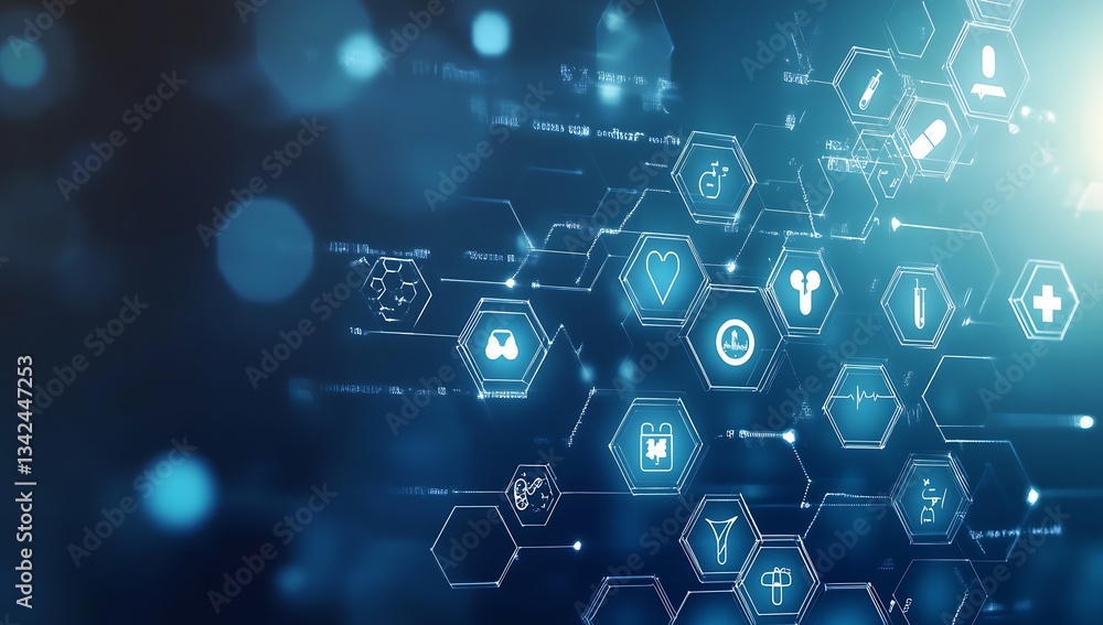 Poster Health data analysis interface featuring hexagonal icons and digital connections : Generative AI
