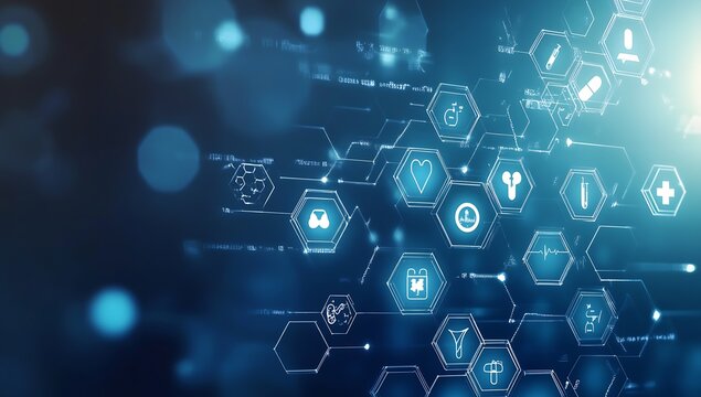 Health data analysis interface featuring hexagonal icons and digital connections : Generative AI - Powered by Adobe