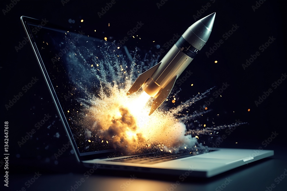 Poster high-energy rocket blasting off from a laptop screen symbolizing imagination and technology : genera