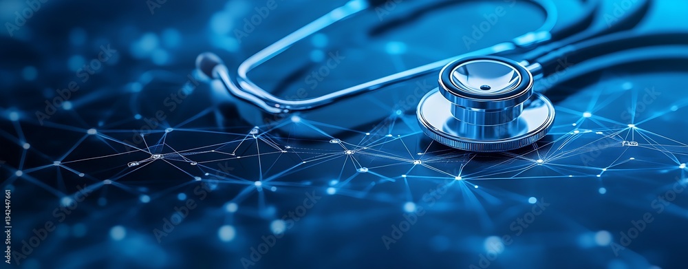 Poster high-tech stethoscope on a digital patterned background with light connections : generative ai