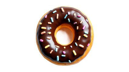 Fototapeta premium Number 0 donut with chocolate frosting & sprinkles isolated on white. Use for birthday themes, sweet celebrations, or graphic design. Isolated on transparent background.