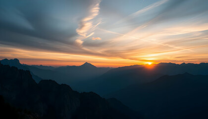 Majestic Sunrise Over Mountain Peaks Golden Hour Nature Landscape Photography