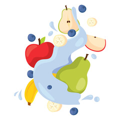 Assorted fresh fruits with banana and blue splash Vector