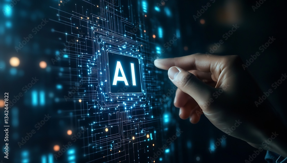 Poster Close-Up of Hand Interacting with AI Interface Showcasing Data Technologies and Digital Innovation : Generative AI