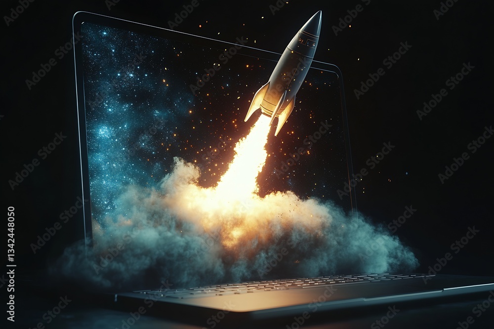 Aufkleber Stunning visual of a rocket taking off from a computer screen with a cosmic background and smoke : Generative AI