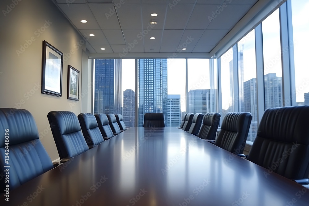 Poster modern conference room with panoramic city view featuring a long table and executive chairs in a sle