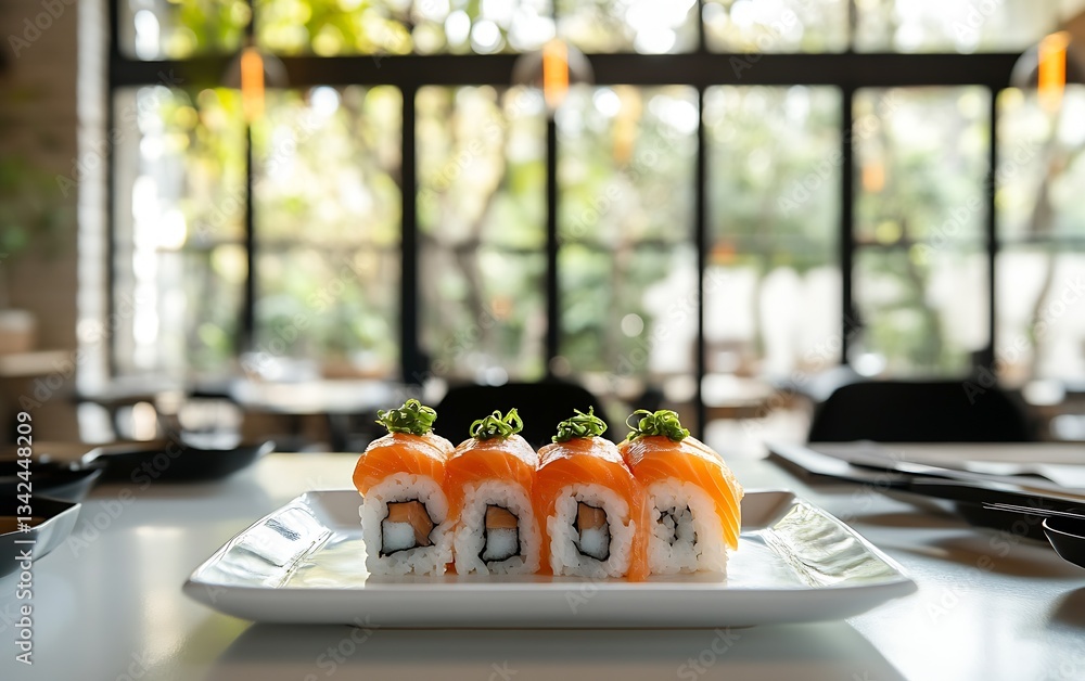 Poster delicious sushi rolls beautifully presented on a white plate with fresh toppings in a bright cafe se