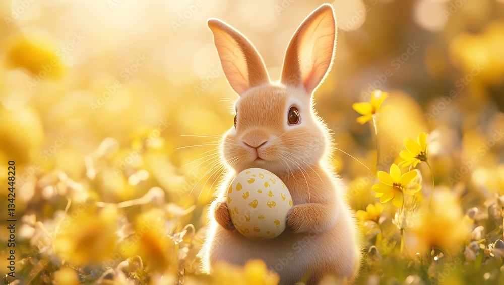 Aufkleber adorable bunny with a sweet expression holding an easter egg in a field of colorful flowers : genera
