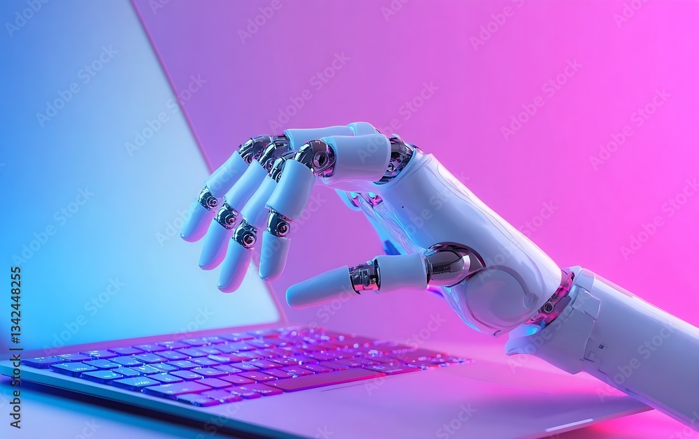 Fototapete Stylish robotic hand positioned over laptop keyboard highlighting emerging trends in artificial intelligence : Generative AI