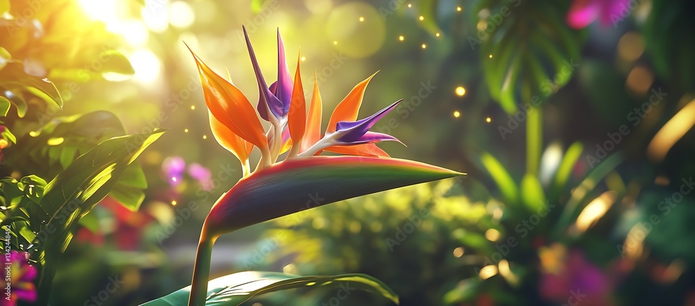 Poster enchanting bird of paradise flower captivating the eye surrounded by soft light and shimmering organ
