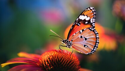 Fototapeta premium macro shot of a beautiful butterfly on a flower in nature