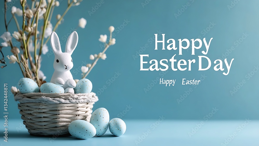 Poster delightful easter scene with bunny and blue eggs in a charming woven basket on a soft pastel backgro
