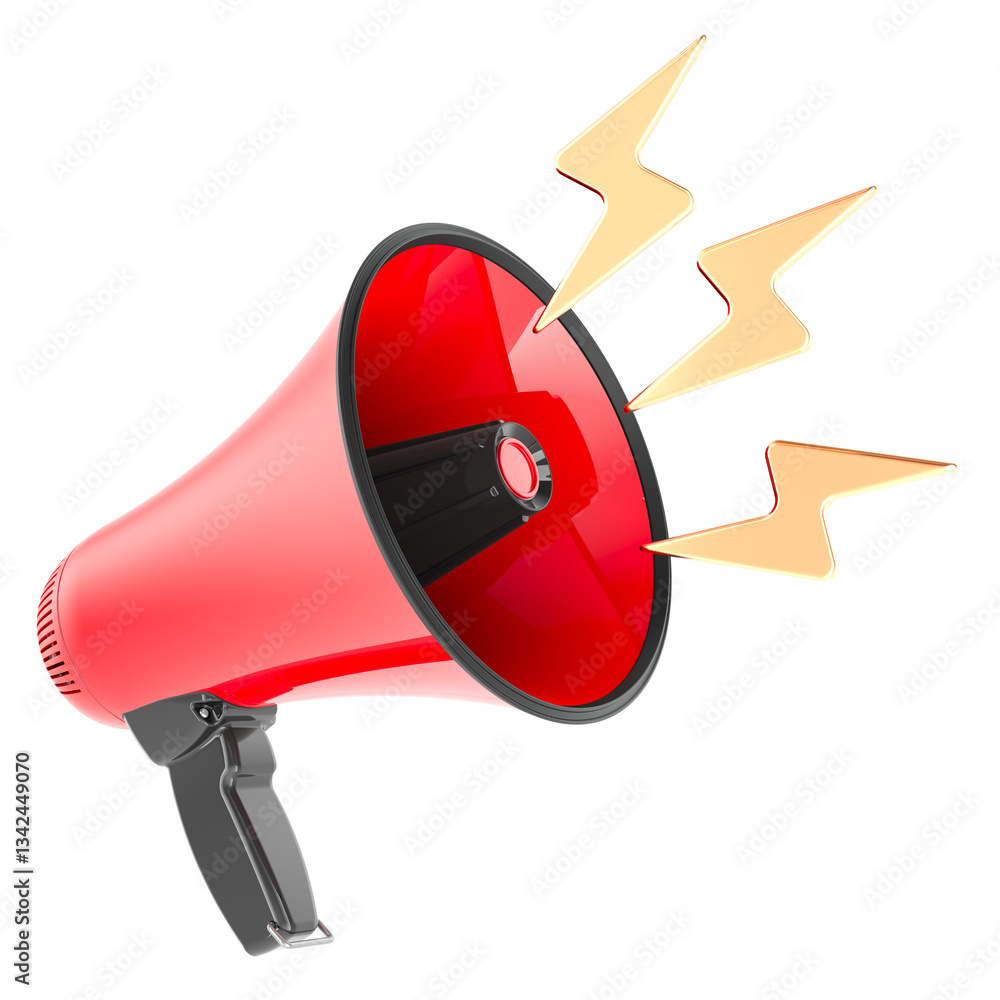 Poster red megaphone with loud symbols. 3d rendering isolated on transparent background
