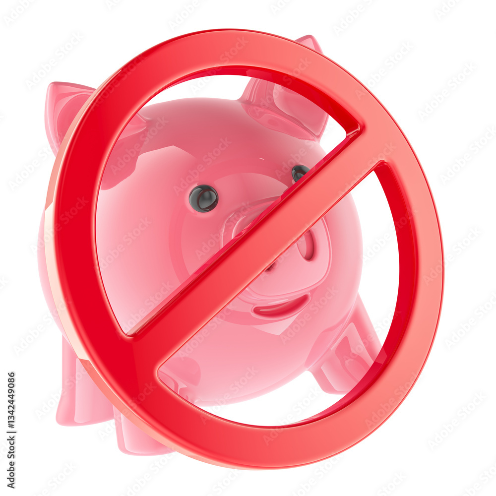 Poster piggy bank with prohibition symbol, 3d rendering isolated on transparent background
