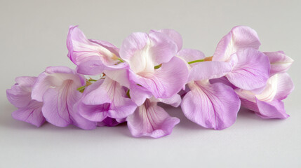 A macro shot of deep violet wisteria flowers with a hint of pink, arranged in an elegant drooping cluster, light playing through the petals creating a dreamlike effect