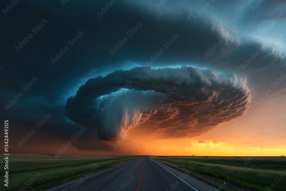 Poster Unique swirling cloud formation lit by the sunset creating an awe-inspiring atmospheric effect : Generative AI
