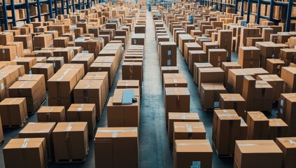 Warehouse Inventory: Rows of Cardboard Boxes in a Large Distribution Center