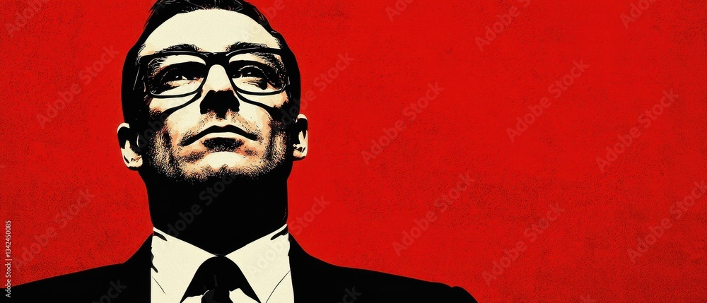 Poster business leader presenting concepts with confidence in flat visual design on vibrant red background