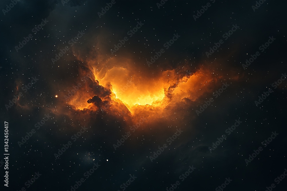 Poster dramatic view of a glowing orange nebula surrounded by sparkling stars in a vast cosmic landscape : 