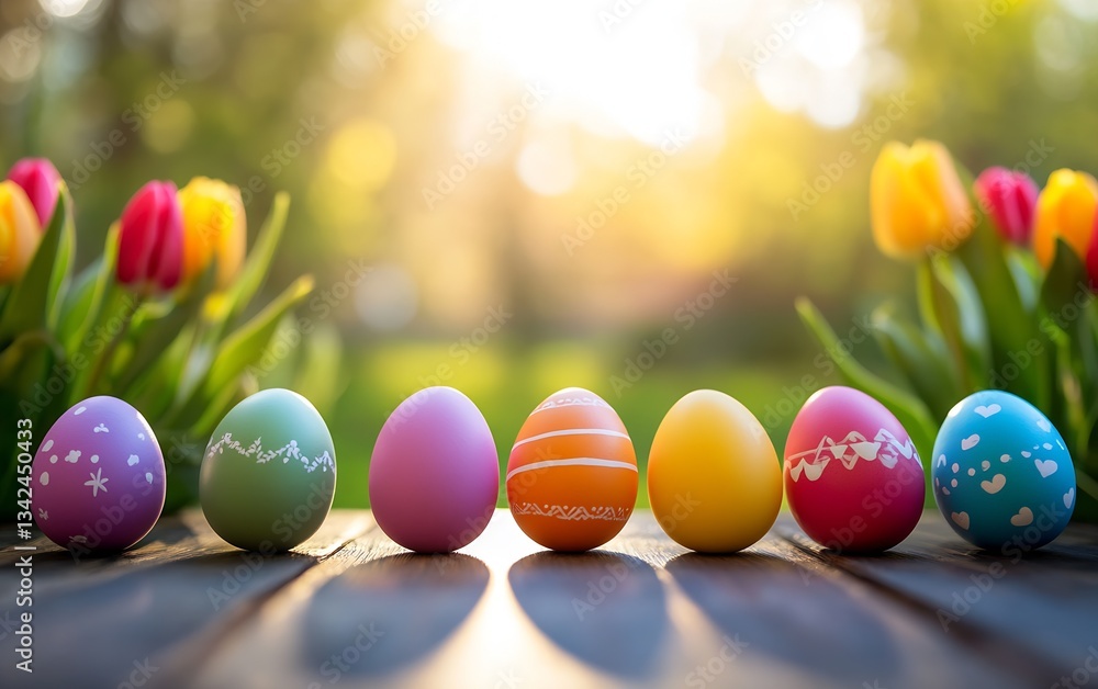 Poster colorful easter eggs arranged in a row with vibrant tulips in a sunlit garden setting : generative a