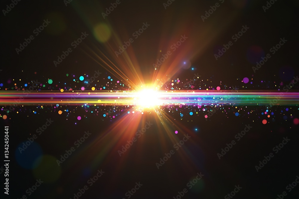 Poster an eye-catching light ray burst filled with colors creating a captivating abstract effect on a dark 