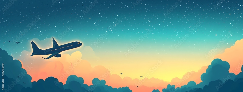 Aufkleber An aircraft elegantly flying through the colorful clouds at dawn with a serene sky backdrop : Generative AI