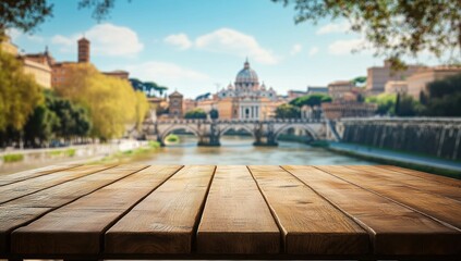 Fototapeta premium Roman Holiday: Wooden Tabletop Overlooking Scenic Ponte Sant'Angelo and St. Peter's Basilica