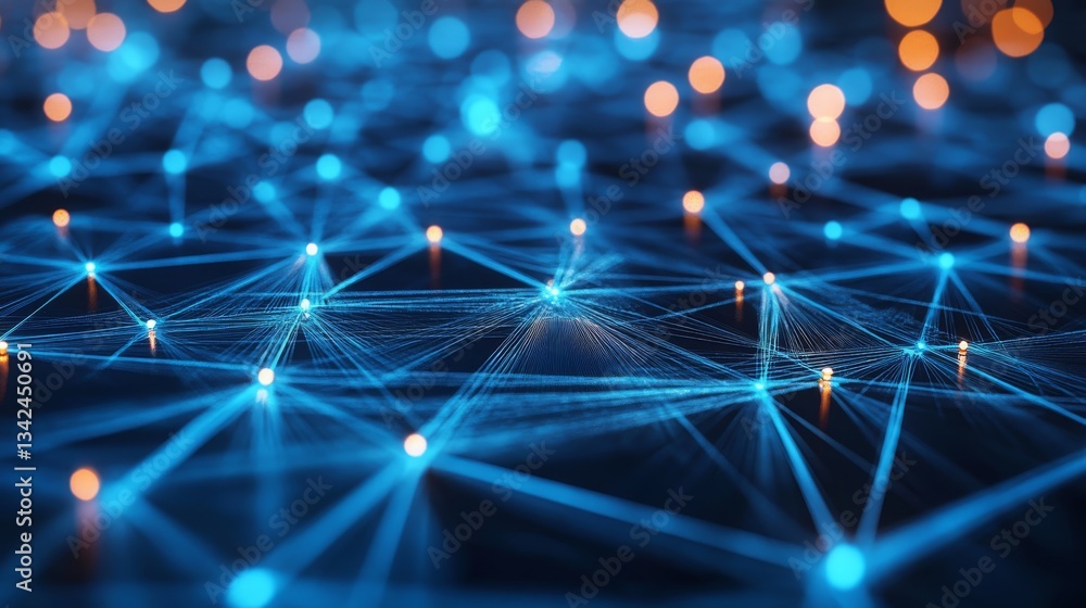 Poster a closeup of vibrant blue blockchain nodes facilitating decentralized interactions on social network