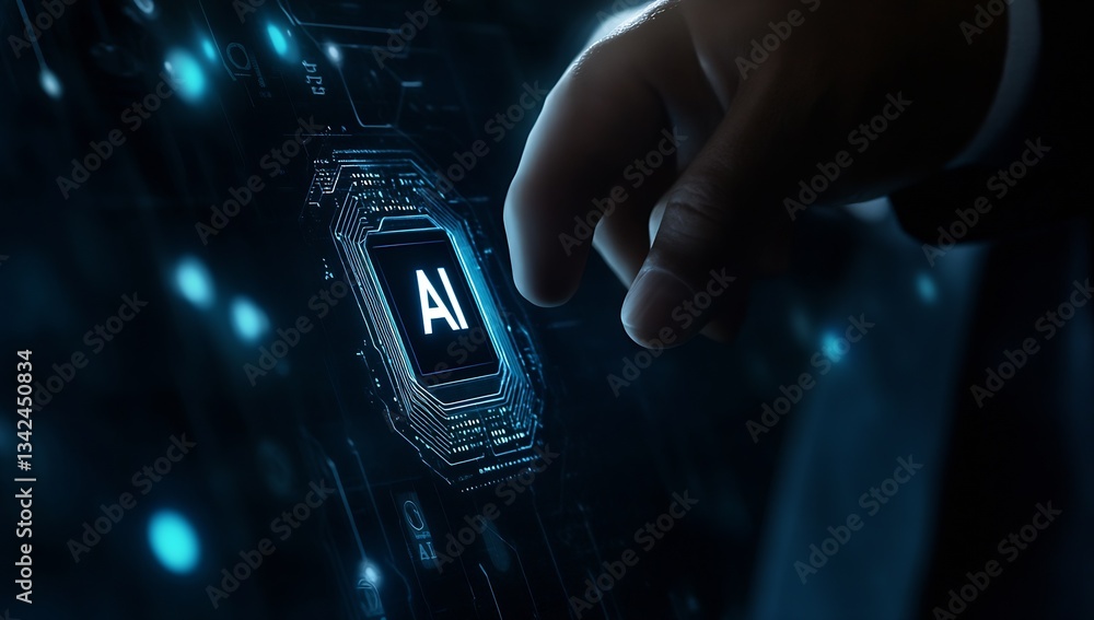 Poster Close Up of a Hand Interacting with an Artificial Intelligence Button on a Circuit Board : Generative AI